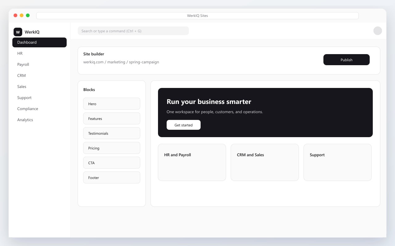 WerkIQ Sites page builder with blocks and live page canvas