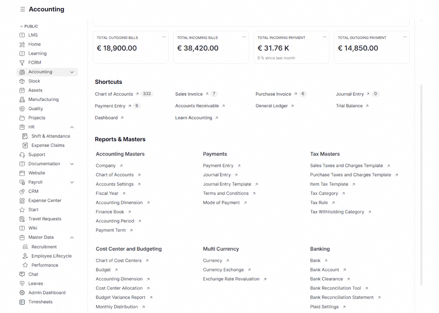 Finance and operations workspace with accounting and inventory information