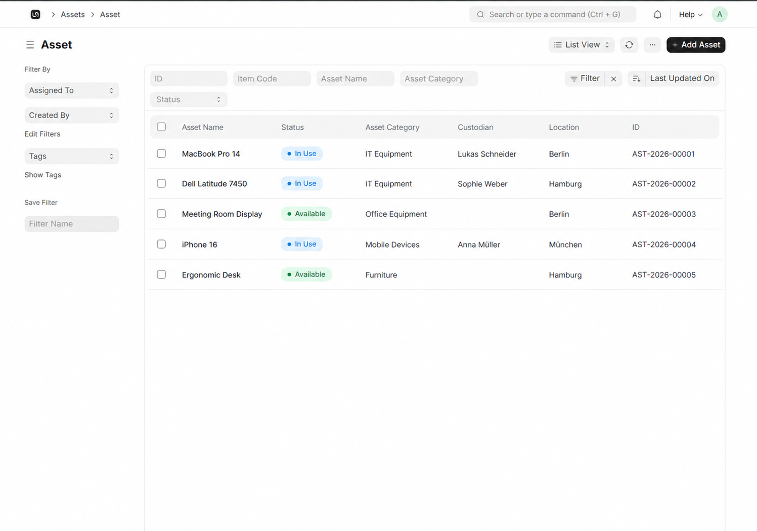 Asset Register interface in WerkIQ
