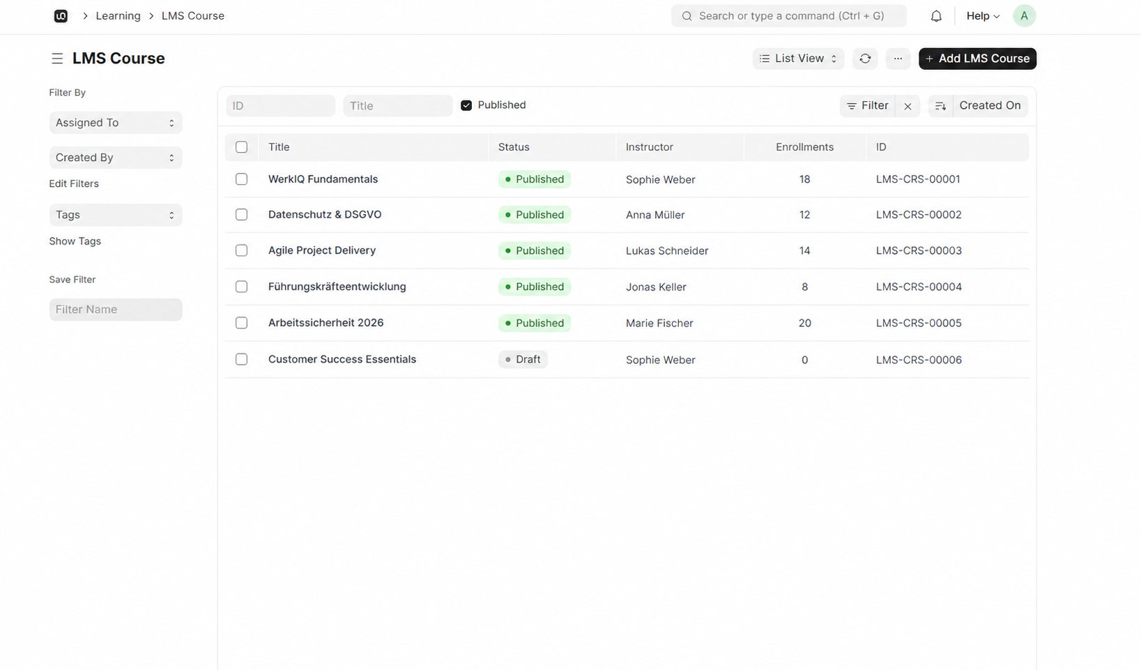 Learner Enrollments interface in WerkIQ