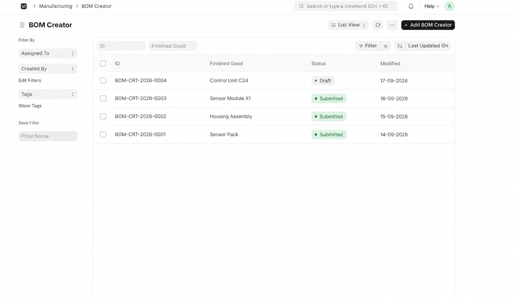 Production Planning interface in WerkIQ