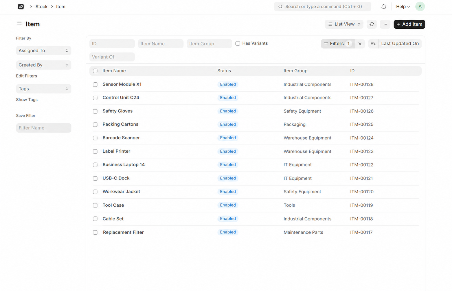 Warehouse Stock interface in WerkIQ