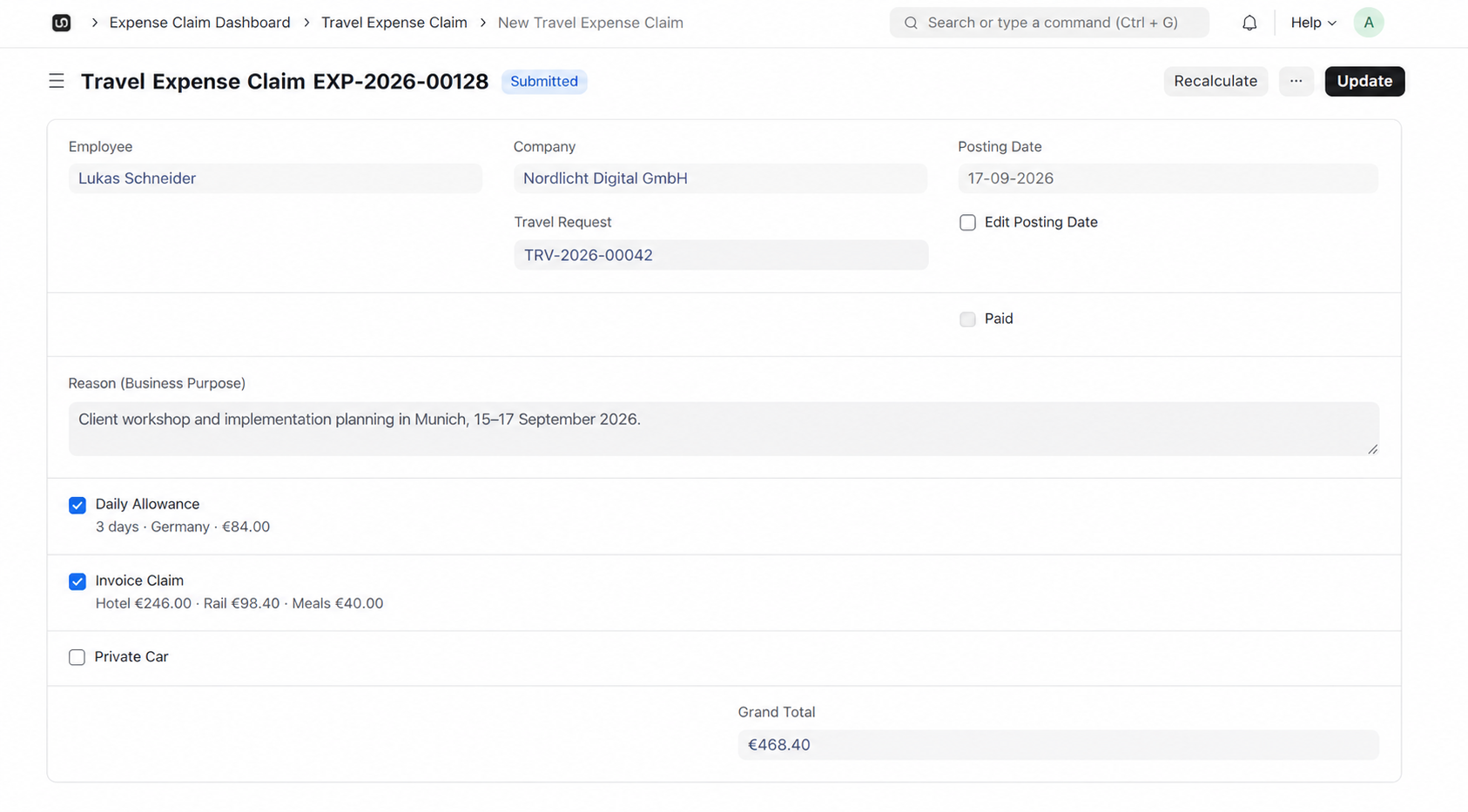 Travel Expense Claims interface in WerkIQ