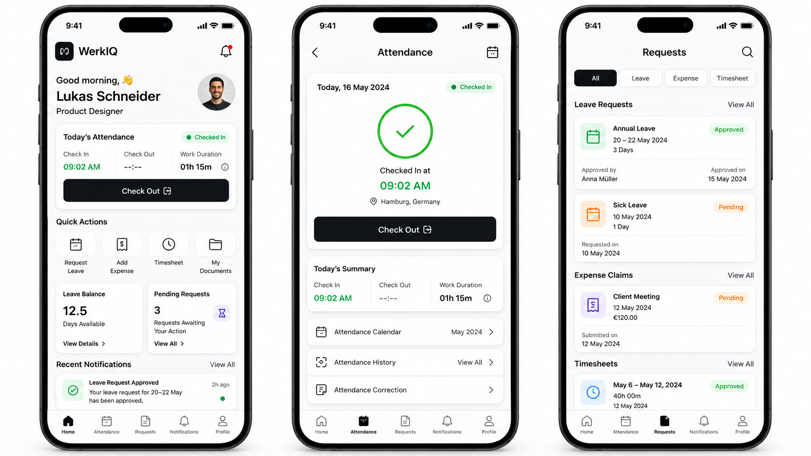 WerkIQ Go mobile dashboard, attendance check-in, and employee requests on three smartphones