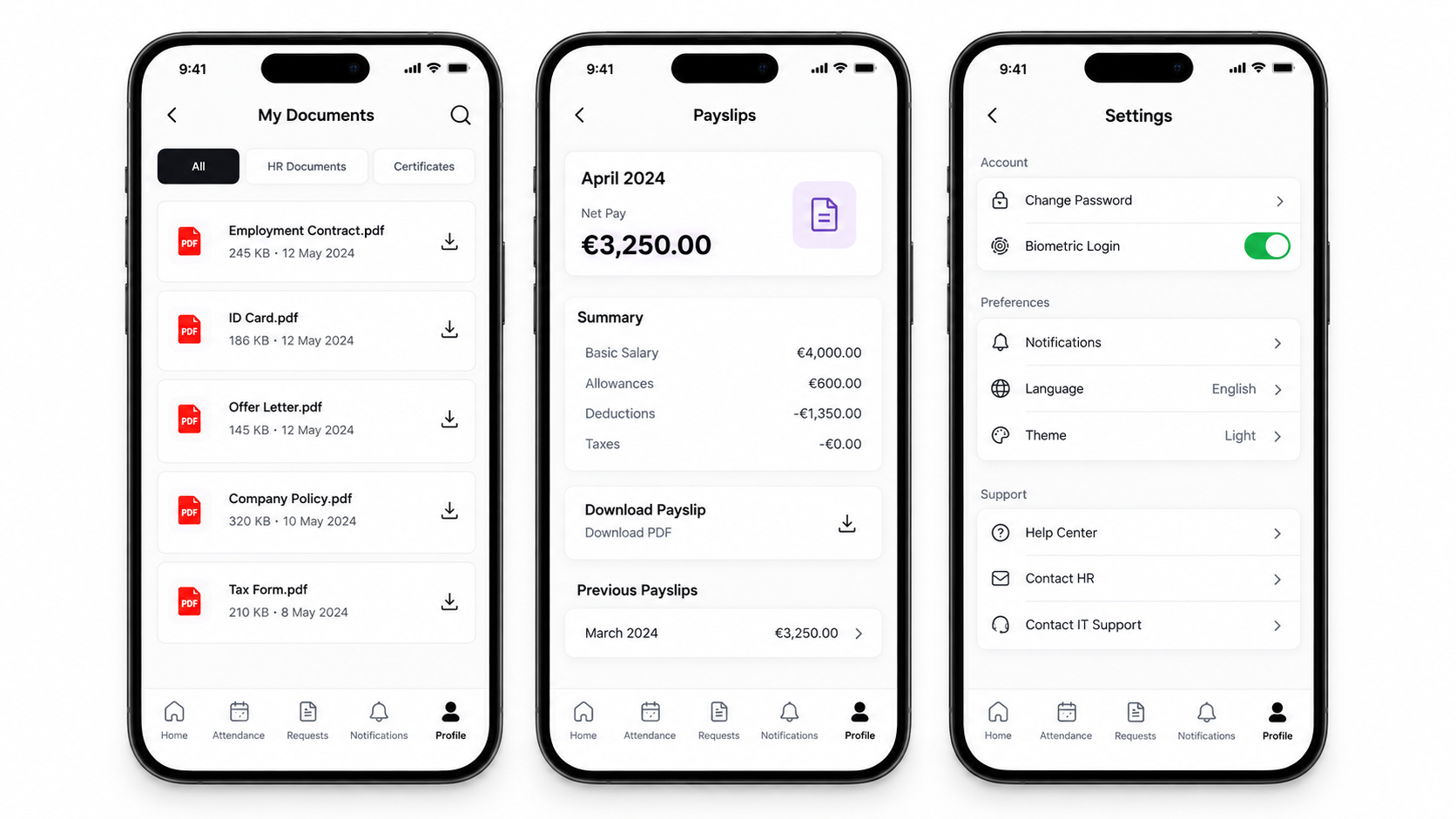 Documents, Payslips & Settings interface in WerkIQ