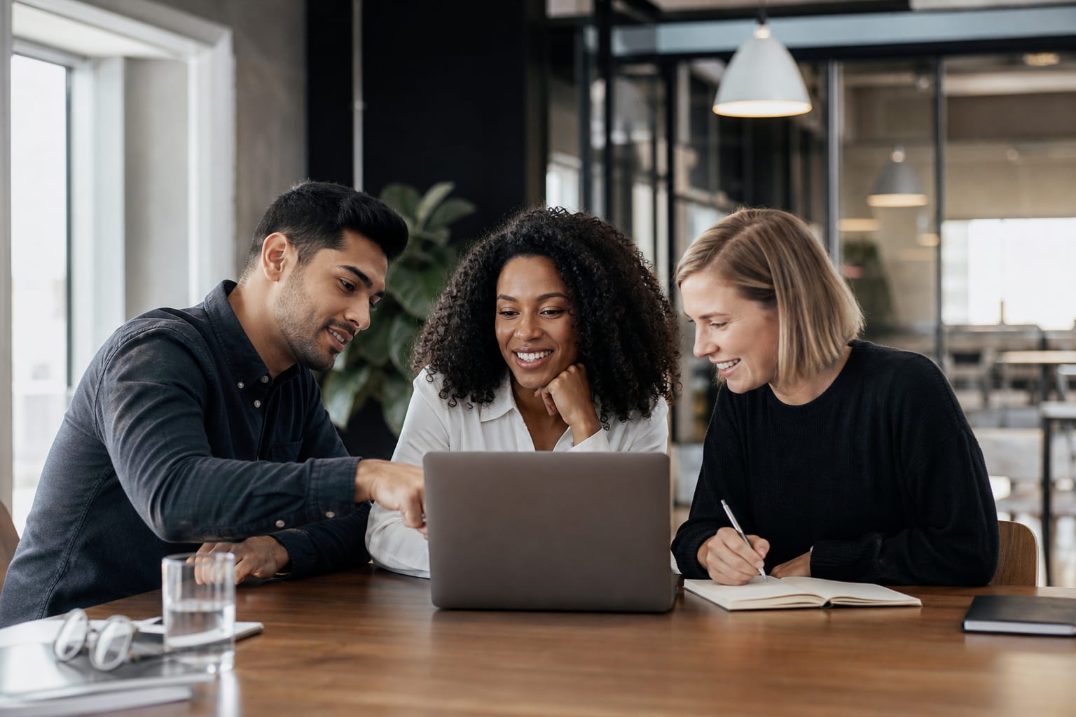 Team collaborating around a shared laptop