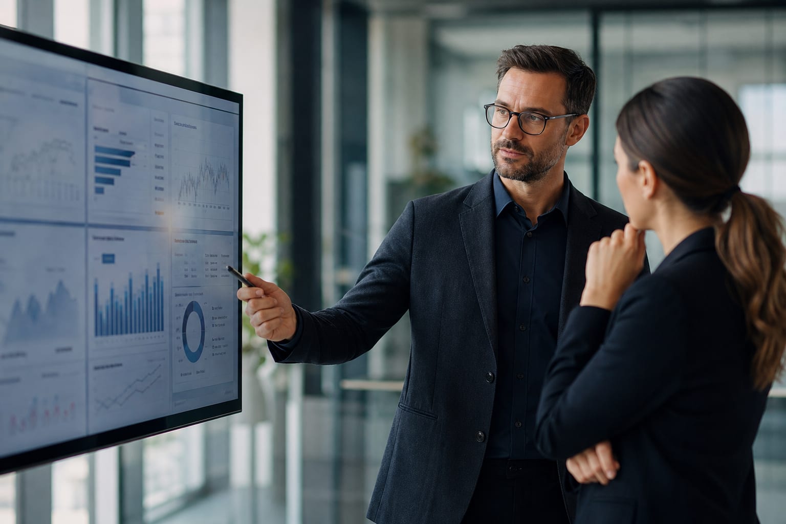 Managers reviewing analytics on a large office display