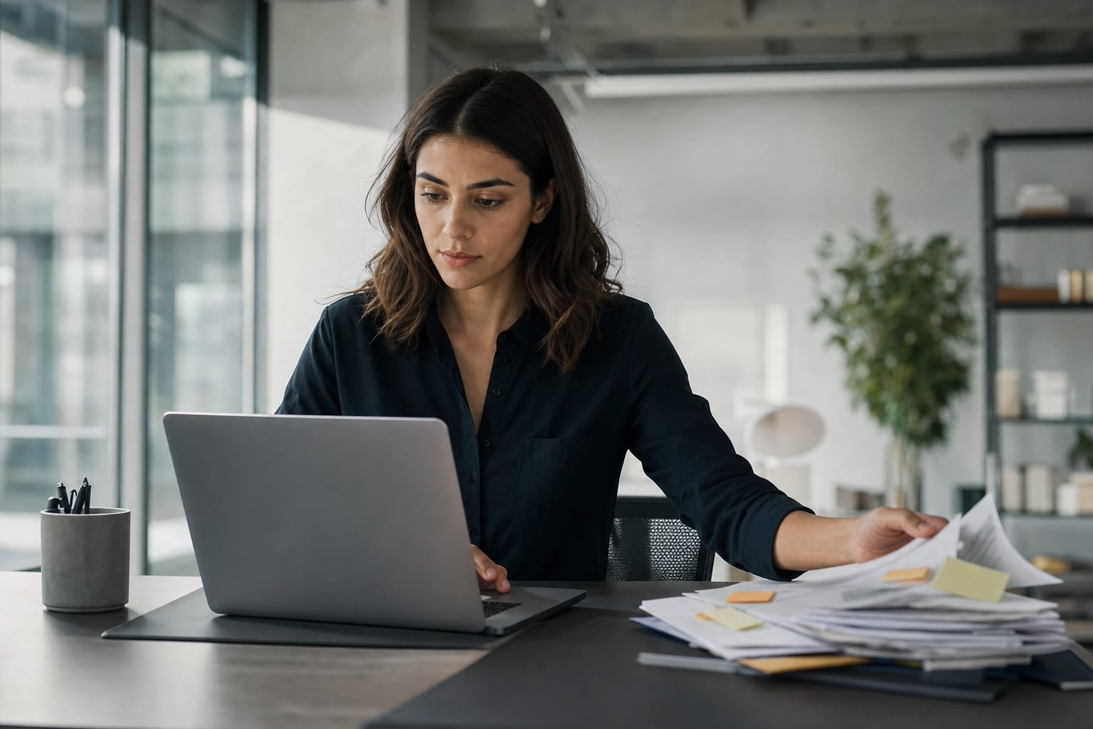 Professional reviewing work at a laptop in a modern office